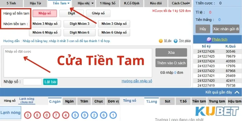 Cửa Tiền tam trong Lotobet Online Kubet với các cách cược 