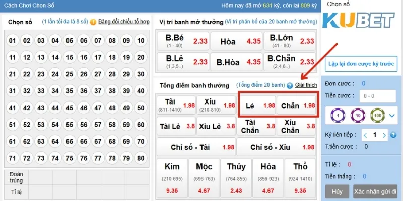 Cửa cược chẵn lẻ trong Keno xổ số Kubet cùng tỷ lệ thưởng